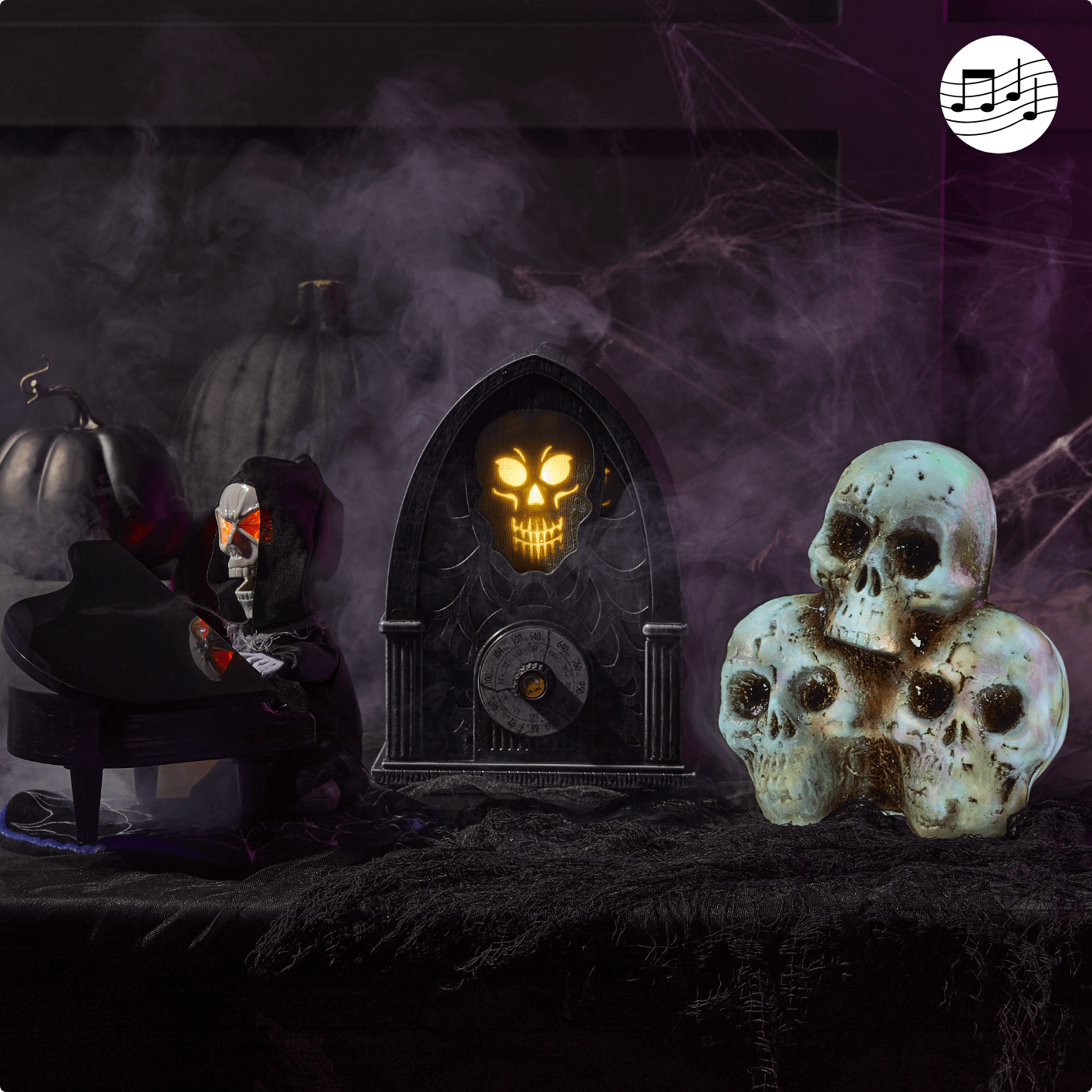Halloween skull decor set up on table.