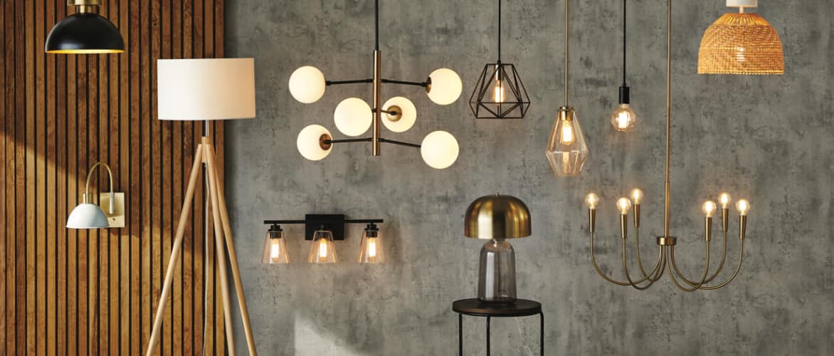 A selection of chandeliers, pendant lights, wall lights and table lamps 