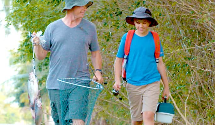 People walking with fishing gear   