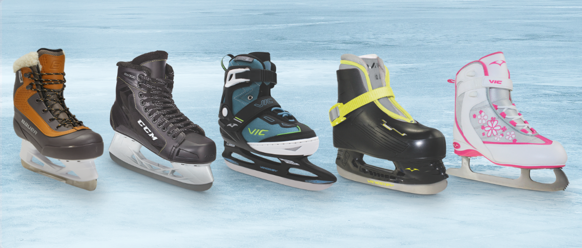 Assortment of rec skates on frozen pond