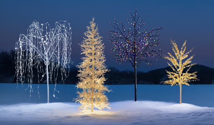 A range of CANVAS outdoor pre-lit trees on a snowy lawn