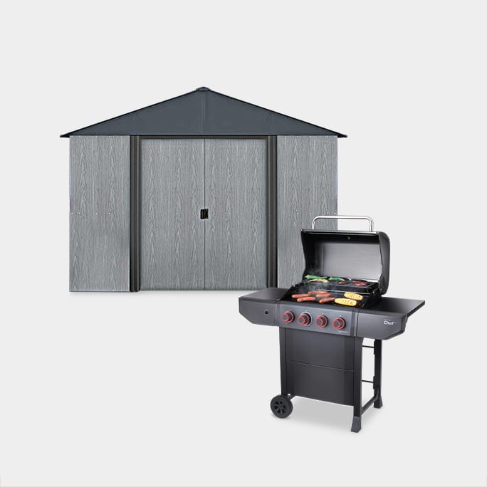 Arrow Driftwood Series 10 x 10 foot Shed   MASTERCHEF PRIME 4-BURNER PROPANE BBQ