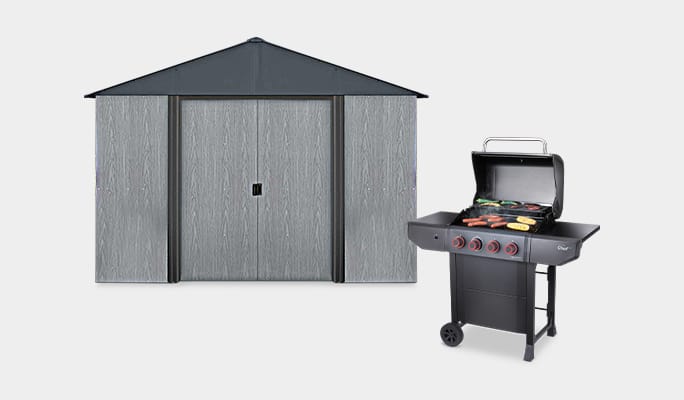 Arrow Driftwood Series 10 x 10 foot Shed   MASTERCHEF PRIME 4-BURNER PROPANE BBQ