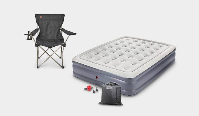 Coleman Double-High Queen Airbed with Pump  Outbound Deluxe Wide Back Armchair 