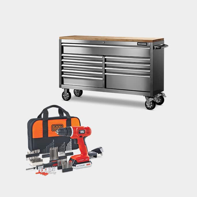Black & Decker 20V Li-Ion Drill with 100-pc accessory case  Maximum 56-ince 10-drawer cabinet