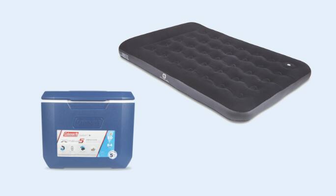 Outbound Double Single-High Airbed with Foot Pump  Coleman 50-qt Wheeled Cooler