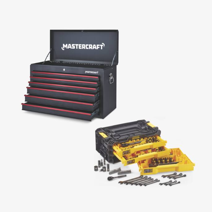 Armoire de rangement à outils sur roulettes Mastercraft  Douilles Stanley, qualité professionnelle, chrome noir, paq. 236