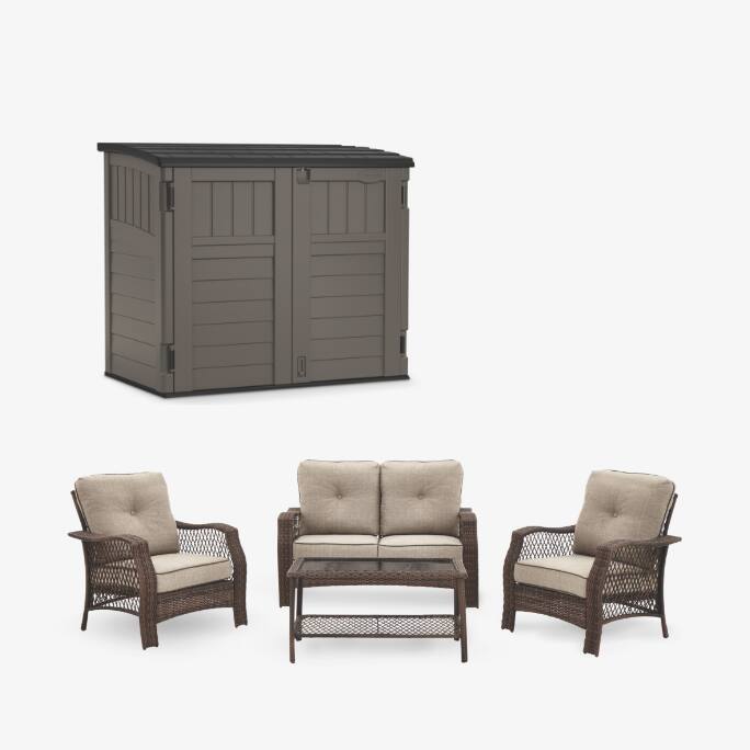 For Living Sandstone Patio Conversation Set   Suncast Storage Shed