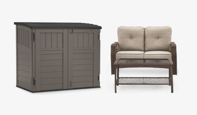 For Living Sandstone Patio Conversation Set   Suncast Storage Shed