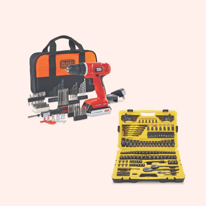 Black + Decker 20V Cordless Drill   Stanley Professional Grade Black Chrome Socket Set