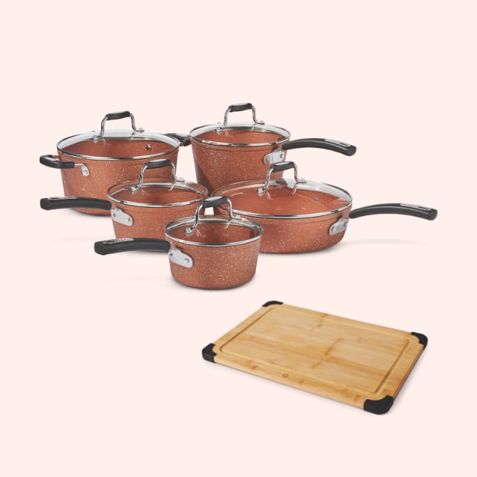 Heritage The Rock Copper Essentials Cookware Set  Vida by Paderno Bamboo Cutting Board