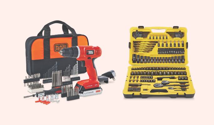 Black + Decker 20V Cordless Drill   Stanley Professional Grade Black Chrome Socket Set