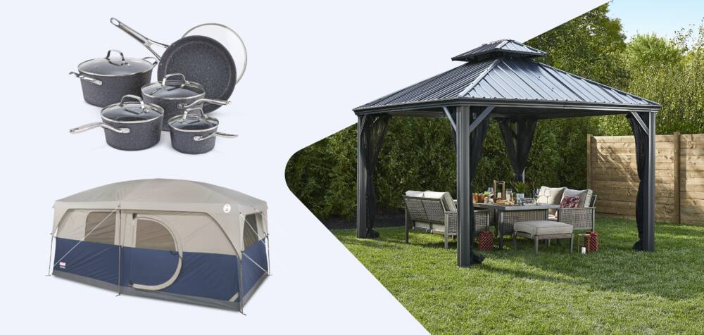 Abri de jardin à toit rigide CANVAS Skyline  Tente à 2 pièces Coleman Hampton, 9 personnes  Batterie de cuisine en aluminium forgé antiadhésif Heritage The Rock