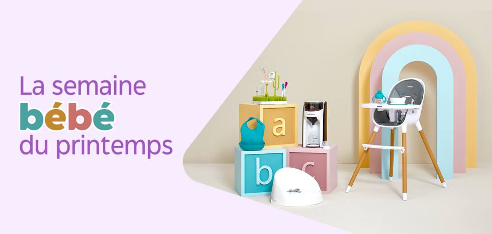 A BabyBjorn Water Repellent Bib, Safety 1st Avista High Chair, Baby Brezza formula dispenser, drying rack and potty chair.