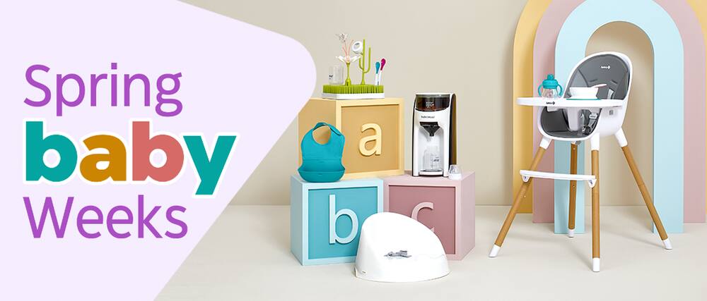 A BabyBjorn Water Repellent Bib, Safety 1st Avista High Chair, Baby Brezza formula dispenser, drying rack and potty chair.
