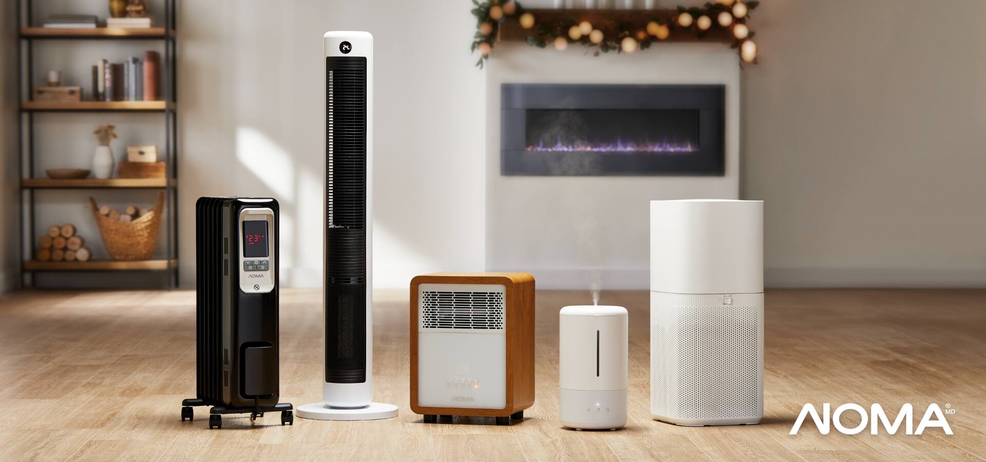 Assortment of NOMA air purifiers, heaters, humidifiers and fans. 