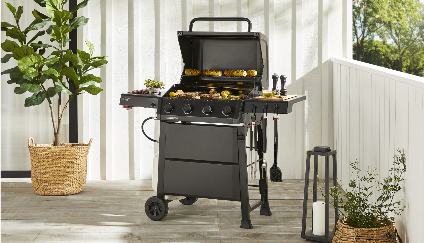A MASTER Chef Discover Propane BBQ and grilling accessories on a patio.
