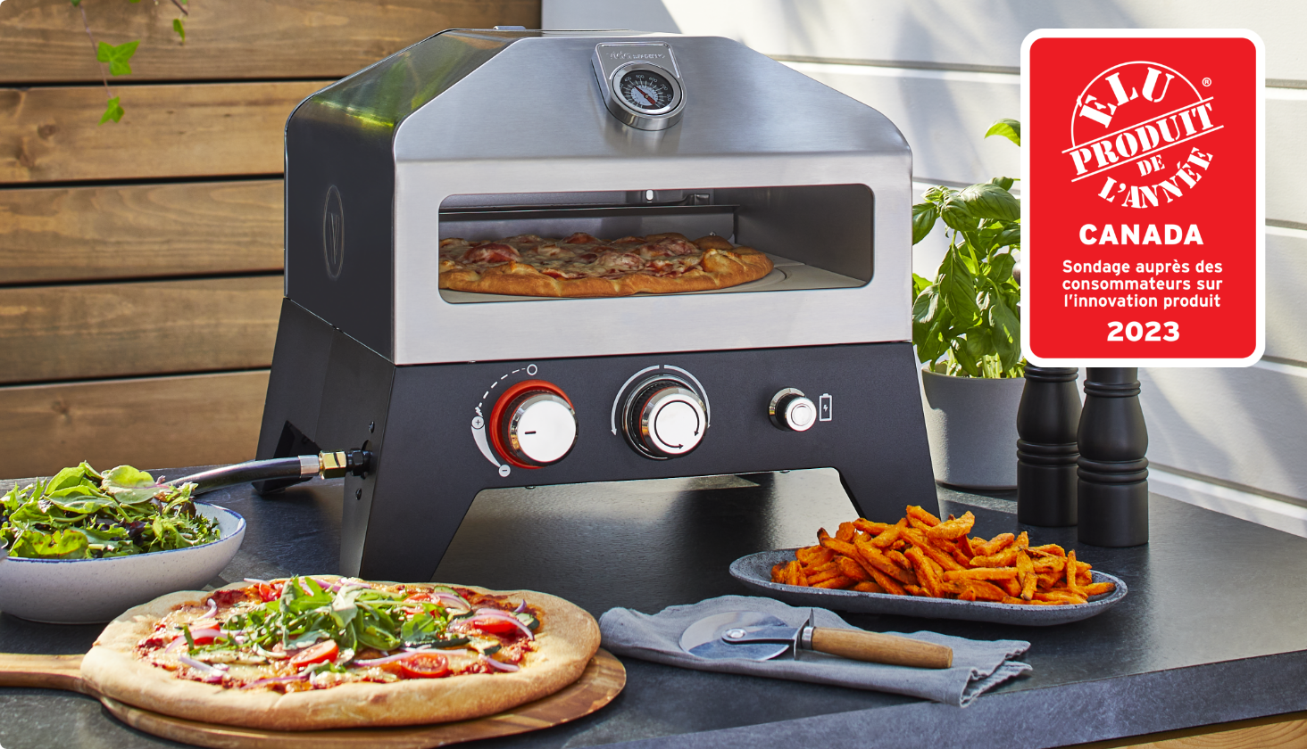 Un four à pizza au gaz Vida par PADERNO sur une table d’extérieur avec une pizza cuite et des frites. 