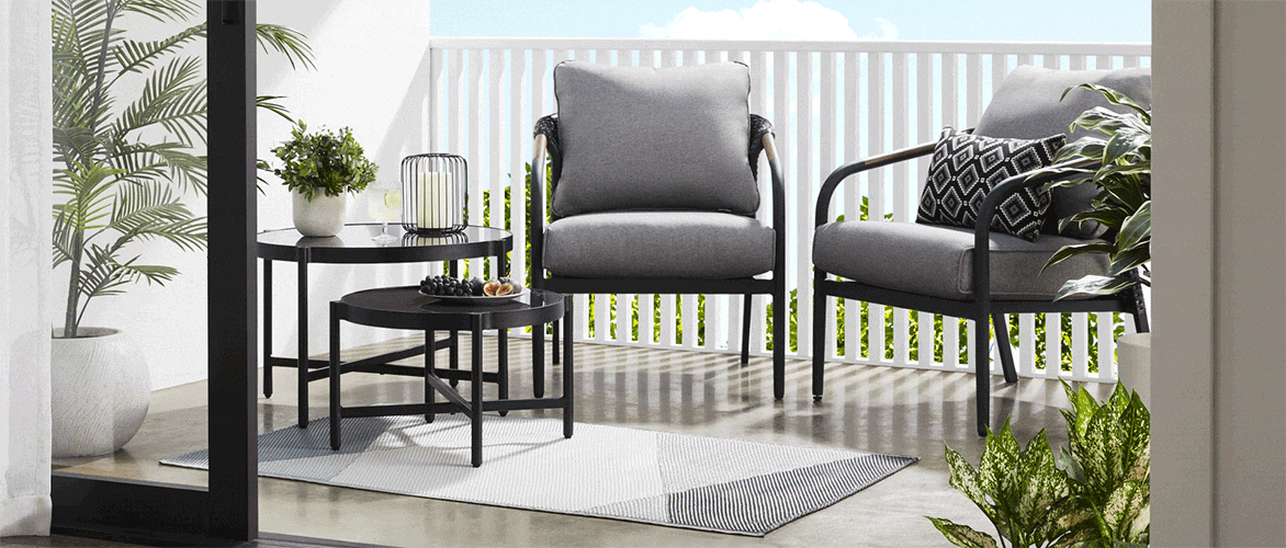 An animated GIF featuring alternating combinations of various patio chairs, benches and side tables. 