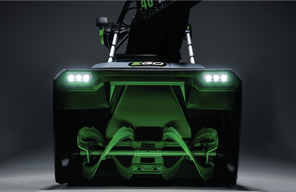 EGO snowblower with LED lights turned on.
