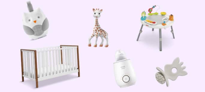 Six baby items, including a baby monitor, a crib, a Sophie La Girafe squeaky toy and more.