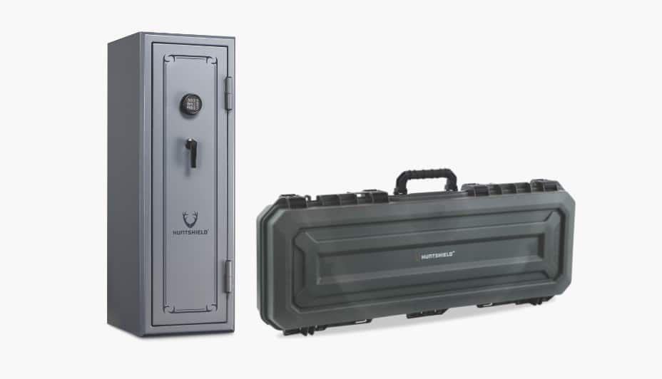 Huntshield gun security cabinet and rifle carry case