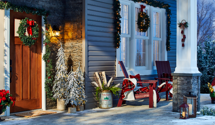 Deck the Front Porch Christmas Decorations outdoors.