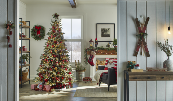 Salon décoré avec des décorations de Noël de la collection Noël au camp CANVAS.
