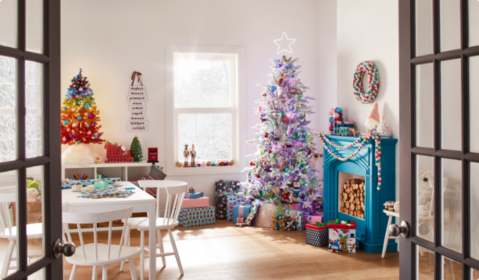 Living room decorated with CANVAS Merry & Bright Christmas decorations