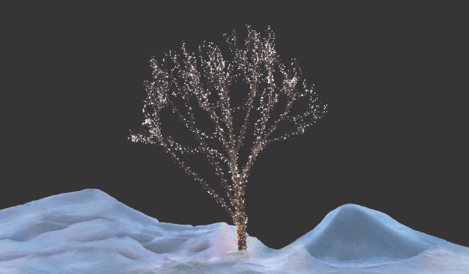 Tree on snowy lawn decorated with NOMA Advanced Cluster Lightshow LED lights