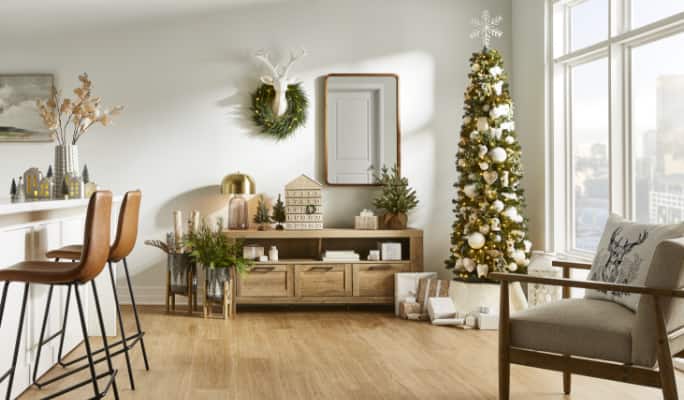 Living room decorated with CANVAS Woodland White Christmas decorations