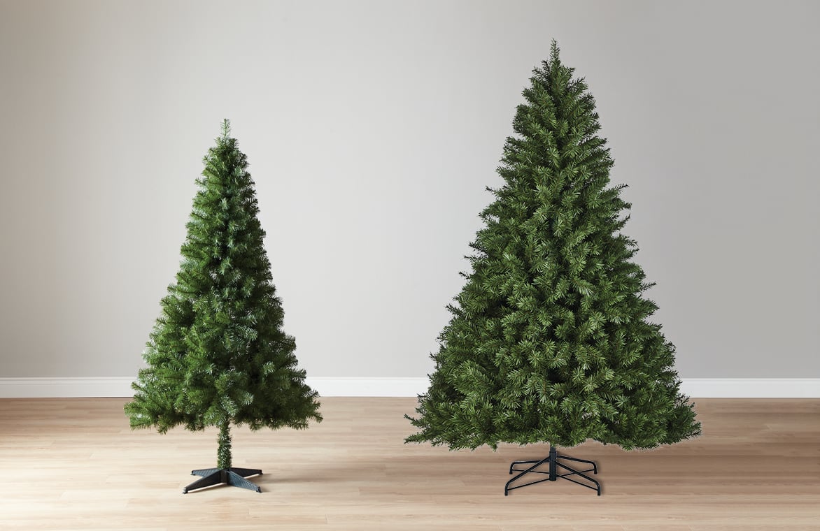 A small unlit Christmas tree next to a large unlit Christmas tree. 