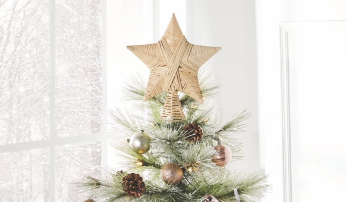 Star topper on Christmas tree.