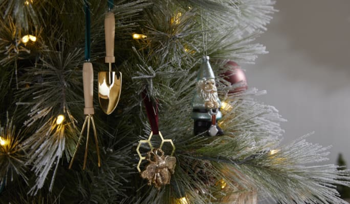 Christmas ornaments on tree.
