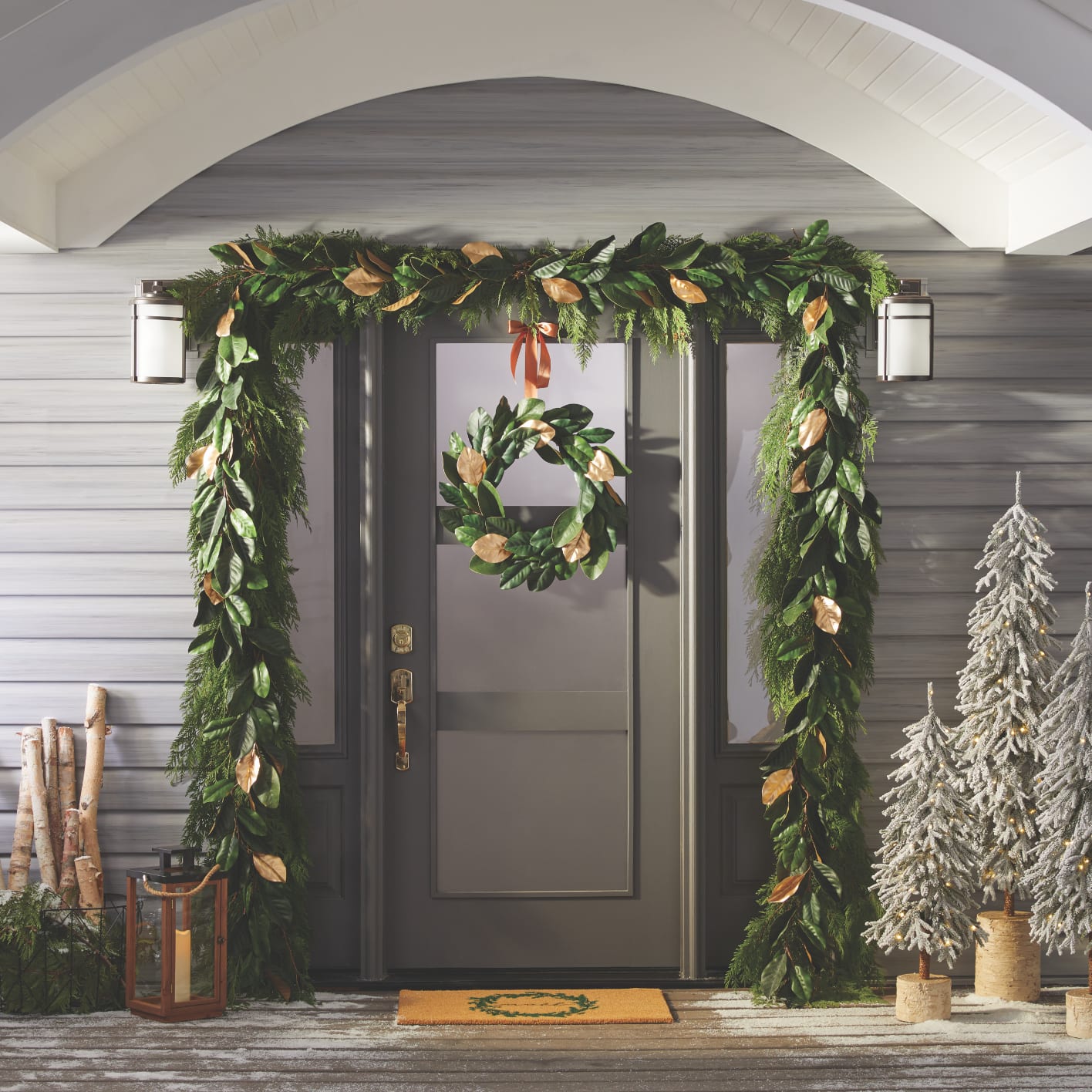 CANVAS wreath, garland and potted trees.