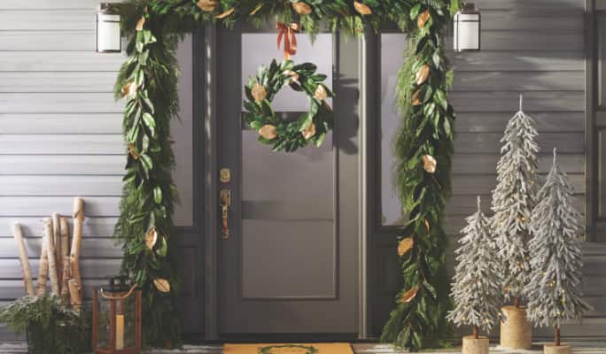 Christmas wreath and garland on front door.