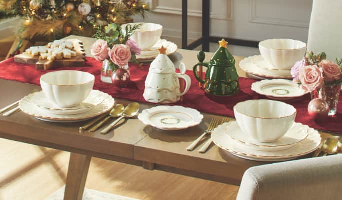 White serveware on dining table.