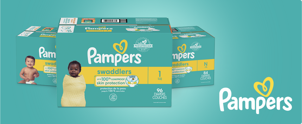 Three boxes of Pampers Swaddlers diapers.