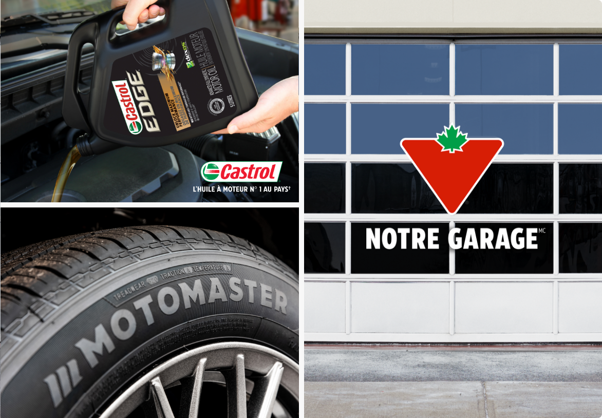 .Des mains versant de l'huile moteur Castrol Edge. Un pneu MotoMaster Winter Edge II. Le logo de Notre garage sur la porte d'une aire de service.