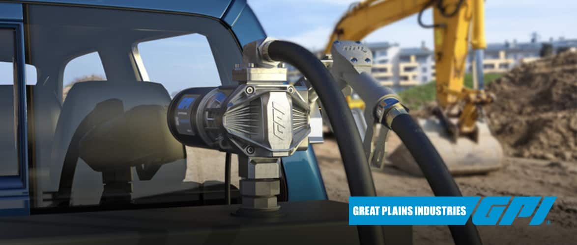 A GPI G20 Fuel Transfer Pump mounted on a pickup truck at a construction site.