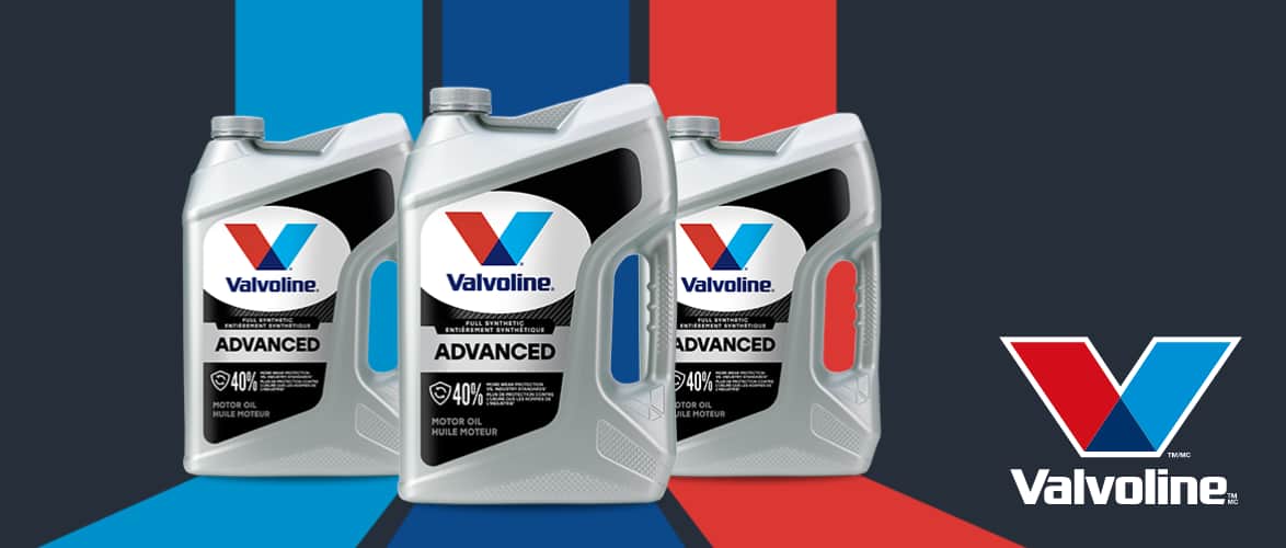 Three 5-L jugs of Valvoline Advanced Full Synthetic motor oil.