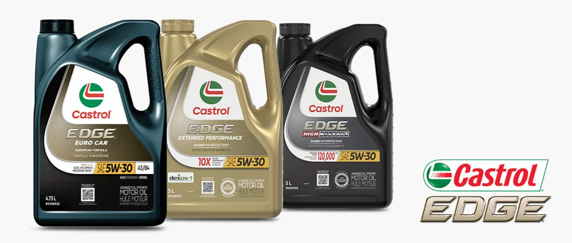 Trois bidons de 5 l d'huile synthétique Castrol Edge de qualité variée.