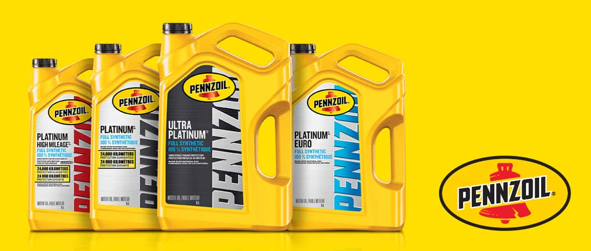 Four 5-L jugs of Pennzoil Full Synthetic Motor Oil of varying grades. 