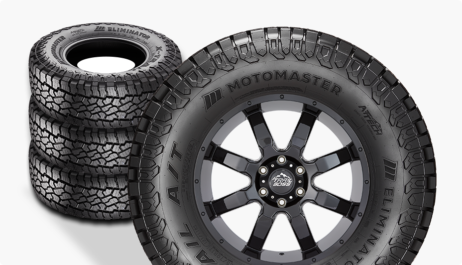 A stack of MotoMaster Eliminator tires.