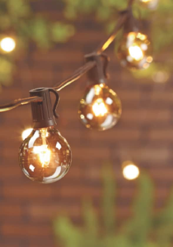 String lights hanging in a backyard.