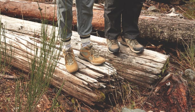 Two people in hiking boots standing on a log.