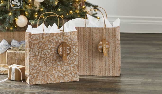 Two gifts packaged in CANVAS White Christmas bags.