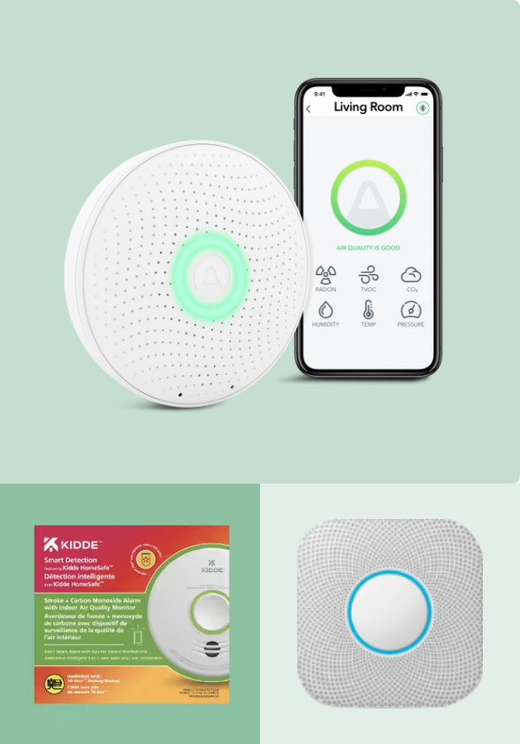 An Airthings 2930 Wave Plus Smart Indoor Air Quality Monitor and App displayed on a phone.  A Google Nest Protect Smart Smoke and Carbon Monoxide Alarm.  A Kidde All-In-One Smoke/CO Smart Home Safety Device.