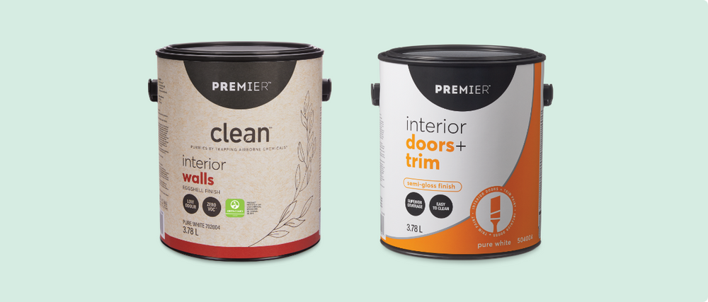 A can of Premier Clean™ Interior Walls Paint.  A can of Premier Interior Doors & Trim Semi-Gloss Paint. 