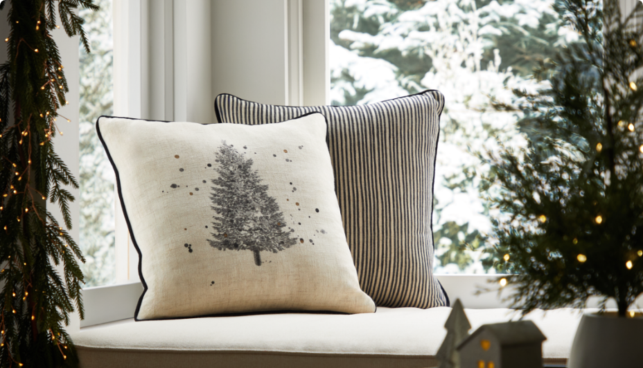 A CANVAS Tree Square Cushion in a window seat. 